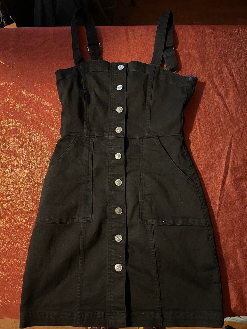 H&M Dress Womens XS Button Front Pinafore Adjustable Straps Black Denim Pockets